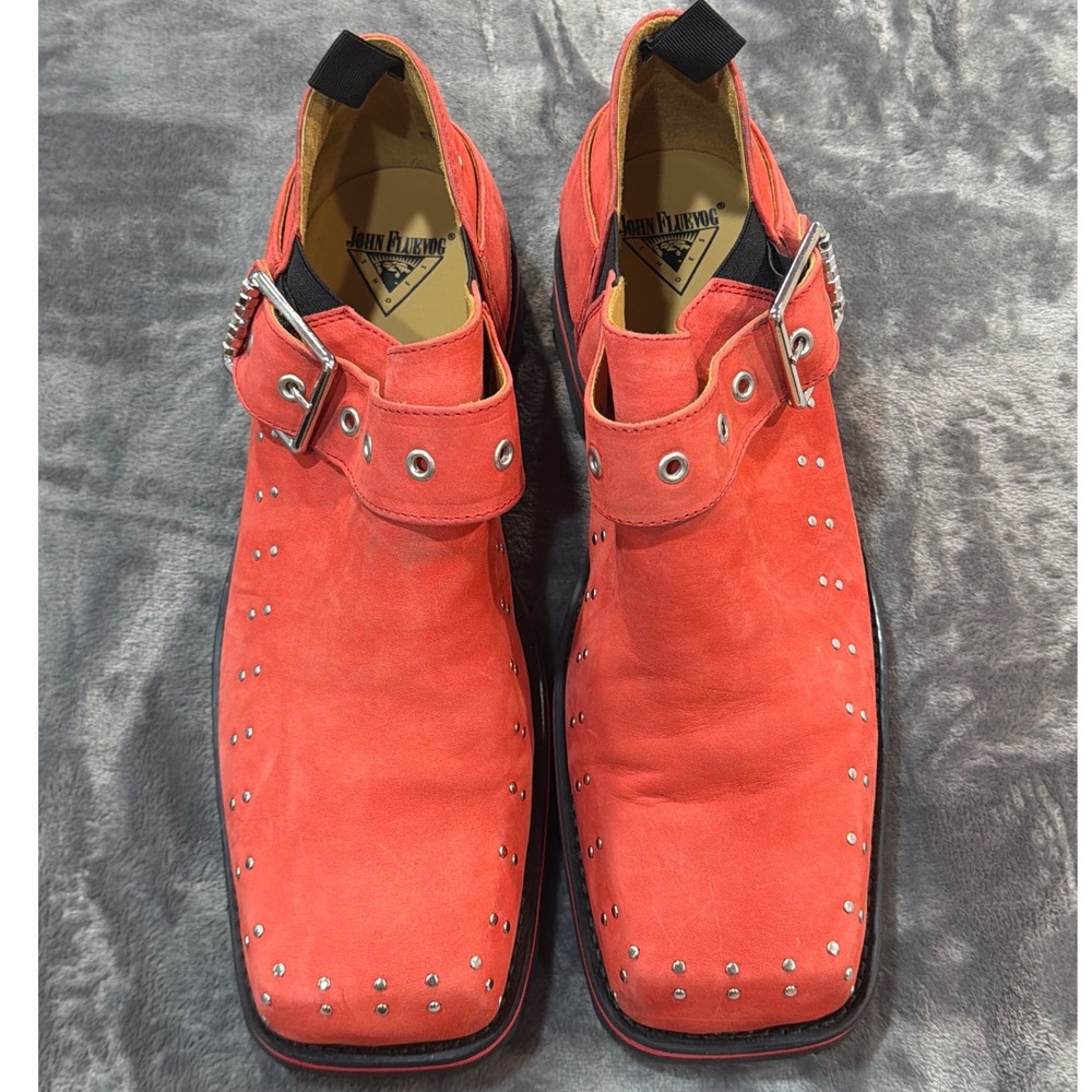 John Fluevog Carlton MK1 Foyt F-Sole Red Studded Buckle Square Toe Loafers 11